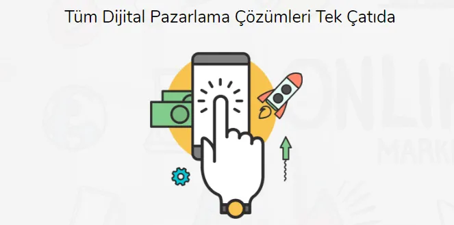 Tüm dijital pazarlama çözümleri tek çatıda yazan, telefon ekranına dokunan el çizimli banner