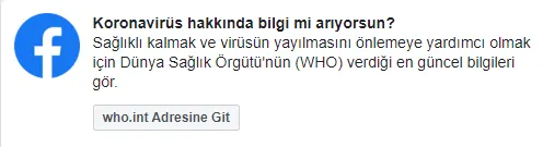 Facebook’ta koronavirüs arayanları Dünya Sağlık Örgütü’nün sitesine yönlendiren uyarının ekran görüntüsü