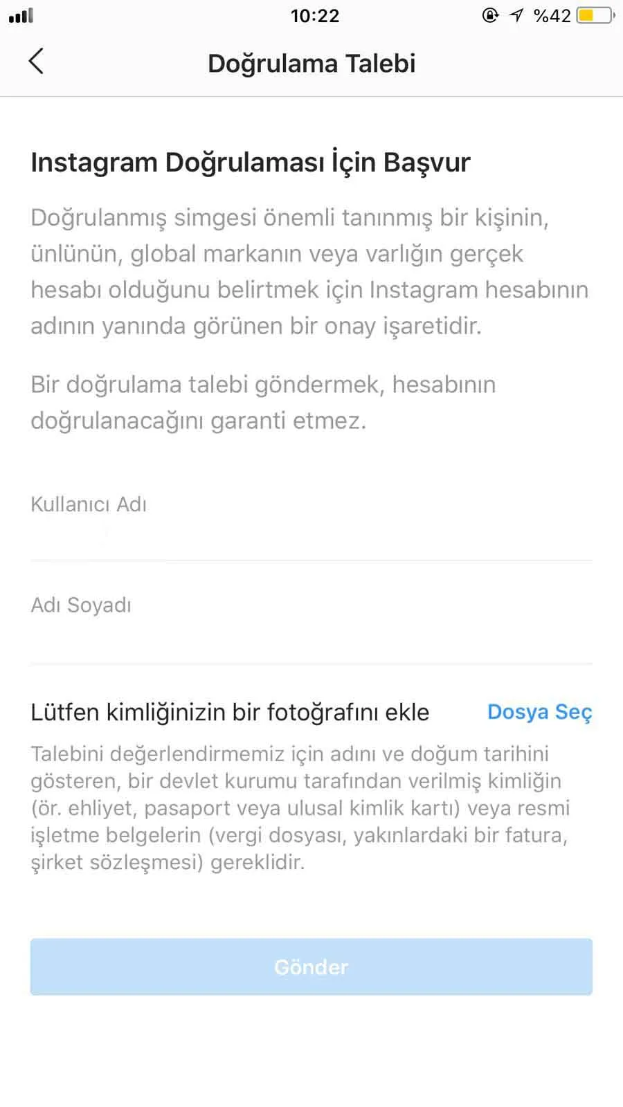 Kullanıcı adı, ad soyad ve kimlik fotoğrafı isteyen Instagram Doğrulama Talebi formu ekran görüntüsü