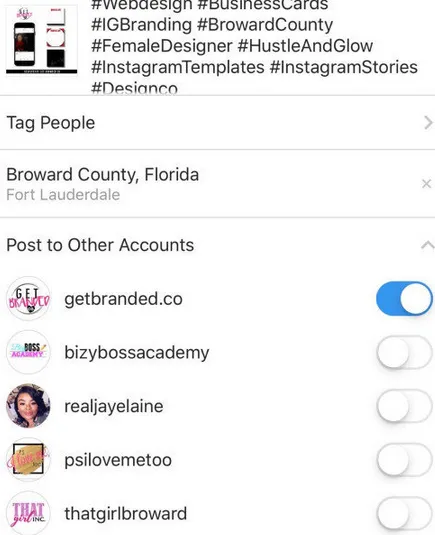 Instagram paylaşım ekranında Post to Other Accounts listesinden hesap seçimini gösteren ekran görüntüsü