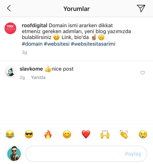 Yorum alanının üstünde sık kullanılan emoji önerilerini gösteren Instagram ekran görüntüsü