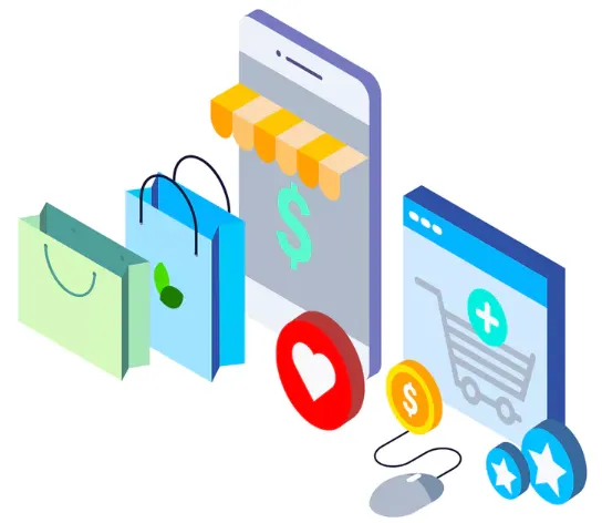 Mağaza tenteli akıllı telefon, alışveriş çantaları ve sepete ekle simgesiyle izometrik e-ticaret illüstrasyonu