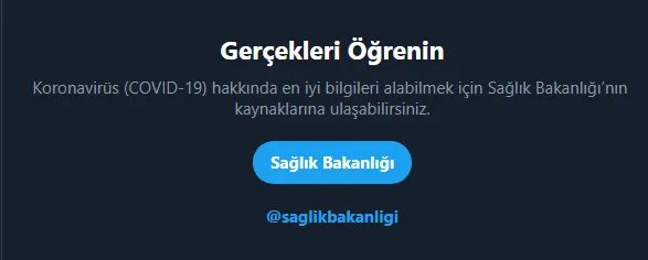 Twitter’da COVID-19 için Sağlık Bakanlığı’na yönlendiren Gerçekleri Öğrenin uyarısının ekran görüntüsü