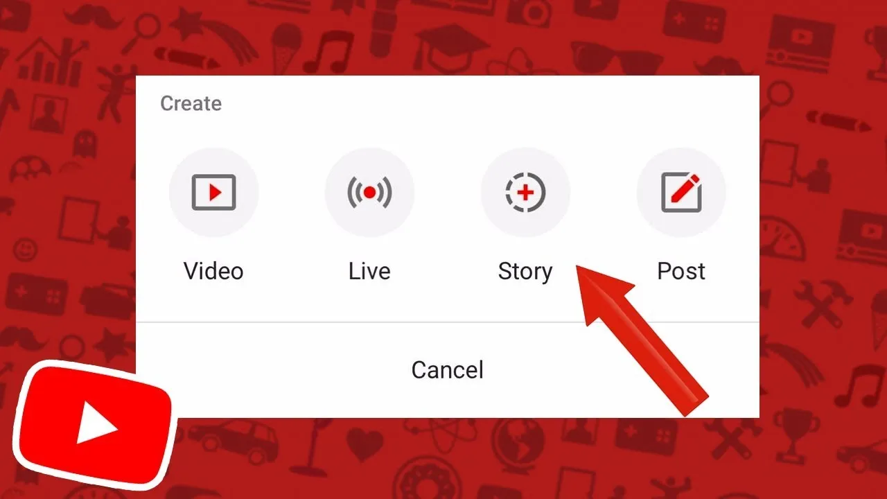 YouTube Create menüsünde kırmızı okla işaretlenen Story seçeneğinin ekran görüntüsü